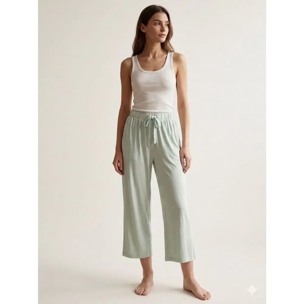 Free People Cropped Drawstring Pajama Pants in Light Sage Lightweight